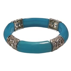 Teal Faux Jade and Silver Stretch Bangle Bracelet